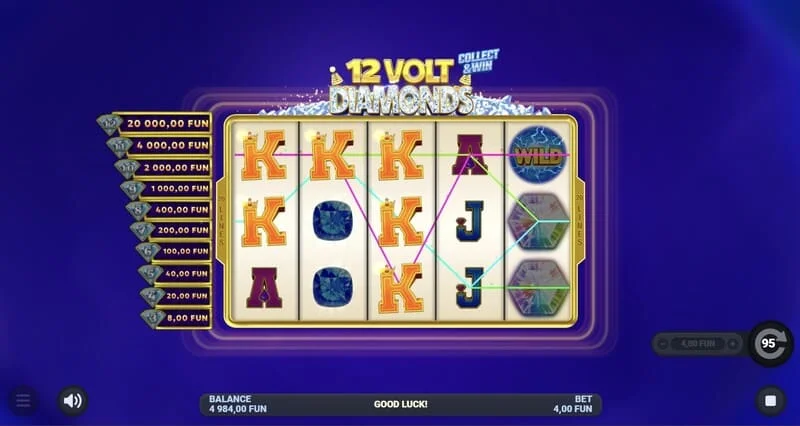 12 Volt Diamonds - hoofdscherm van het spel met een 5×4 raster